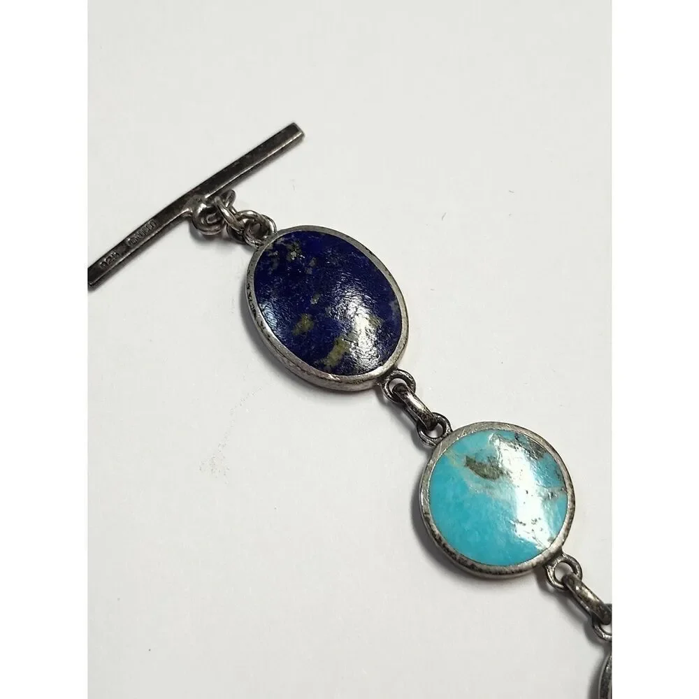 Sterling Silver Reversible Assorted Gemstone Bracelet Lapis Onyx Turquoise Etc